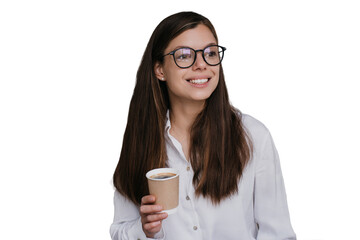 Gorgeous hispanic girl in glasses, white shirt holding cup of coffee looking at camera, smiling against transparent background. Successful brunette young businesswoman starting day