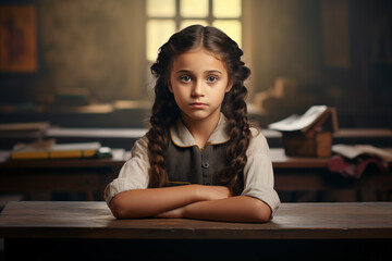 Fototapeta na wymiar Menina aborrecida sentada em uma sala de aula 