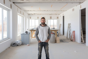 Builder at construction site in white empty room, home interior.