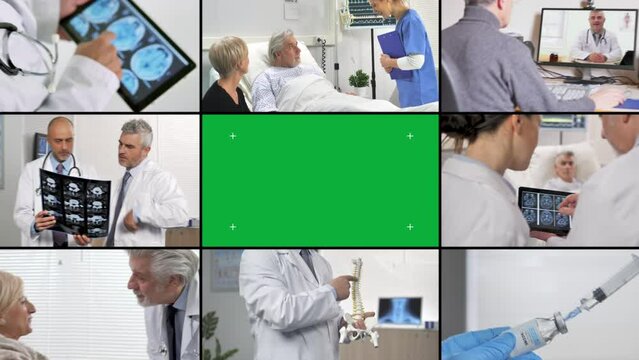 healthcare medical video montage scenes multi screen with green screen field box in the center zoom out copyspace
