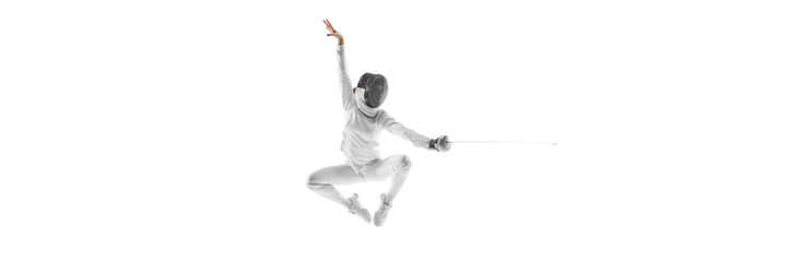 Banner. Dynamic mid-air snapshot of swift motion of female fencer's in jump with blade against...