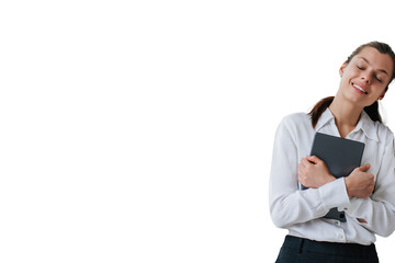 Dreamy student girl thinks about future, career, leans on wall looks aside holds tablet eyes closed. Thoughtful hispanic woman designer stands against transparent background. Mockup