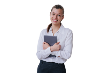 Professional young develop specialist woman standing against transparent background holding tablet smiling wide looks at camera happily. Successful manager completed all tasks.