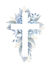 Christian cross with blue flowers and leaves. Easter catholic religious symbol. Vector illustration for Epiphany, Christening, baptism, cards, invitations. - obrazy, fototapety, plakaty