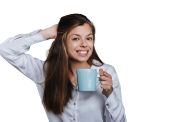 Cheerful brunette hispanic woman holding cup of coffee leaning on wall against transparent background, looking at camera broad smiling at home. Pretty business woman happy to start a day