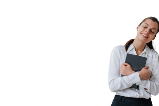 Dreamy student girl thinks about future, career, leans on wall looks aside holds tablet eyes closed. Thoughtful hispanic woman designer stands against transparent background. Mockup - Powered by Adobe