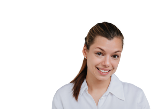 Close up portrait of pretty businesswoman with ponytail toothy smiling looking at camera against transparent background. Open minded  student girl in white shirt with empty space.