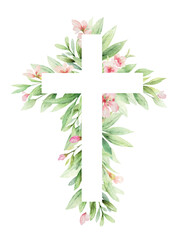 Religious cross with greenery and flowers. Easter catholic religious symbol. Vector illustration for Epiphany, Christening, baptism, cards, invitations.