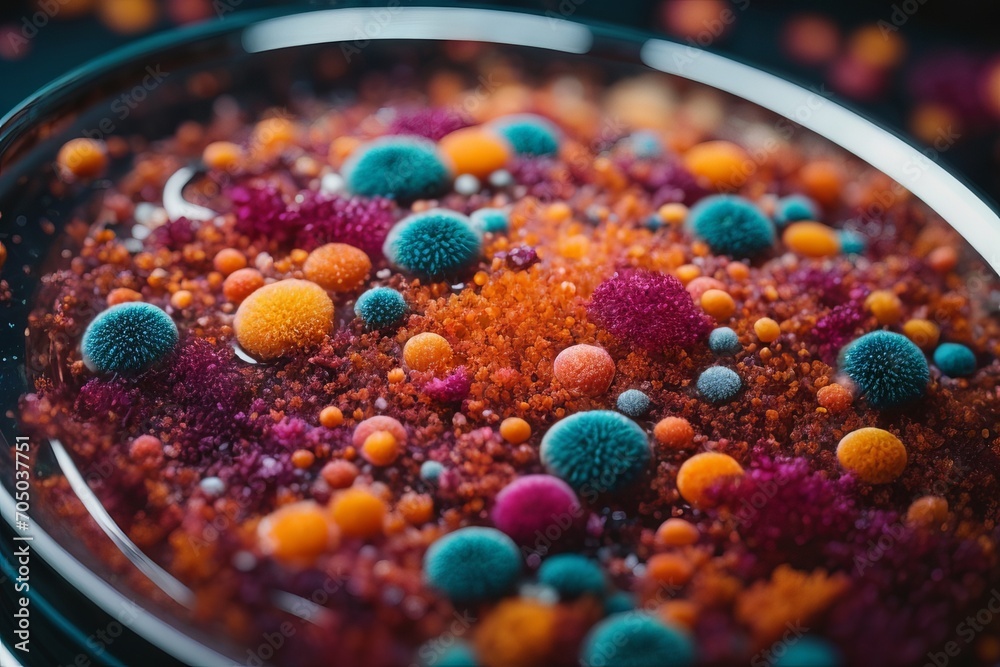 Poster close-up of multicolored microorganisms, bacteria and viruses in a petri dish in the laboratory.