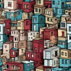 Hand-Drawn Colorful Houses in a Seamless Urban Landscape, Vibrant City Buildings Illustration