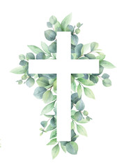 Christianity cross of green eucalyptus leaves. Easter religious symbol. Vector illustration for Epiphany, Christening, baptism, church and holidays. - obrazy, fototapety, plakaty