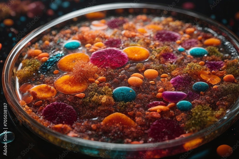 Poster close-up of multicolored microorganisms, fungi, bacteria and viruses in a petri dish in the laborato
