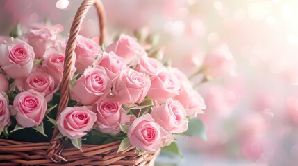 Basket Filled With Pink Roses on Table