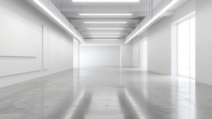 Fototapeta na wymiar Empty White Room With Bright Overhead Lights, Minimalistic Interior Design Concept