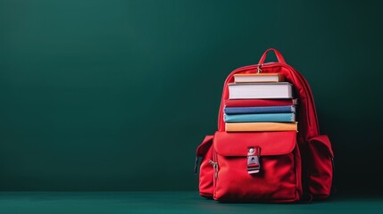 Red Backpack With Stack of Books - School Supplies for Students and Book Lovers