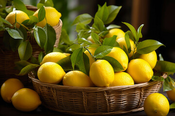 Fresh harvest of lemons in a basket, organic product.