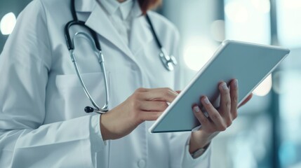 Woman in White Coat Holding Tablet for Medical Purposes, Healthcare Professional With Digital Tools