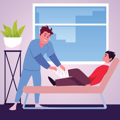Patient at an appointment with an orthopedist, flat vector illustration.