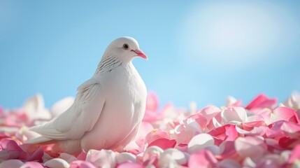 White Bird Sitting on Top of Pile of Pink Flowers