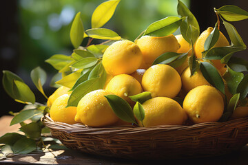 Fresh harvest of lemons in a basket, organic product.