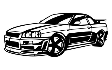 Retro japanese drifting coupe car illustration metal cutting - obrazy, fototapety, plakaty