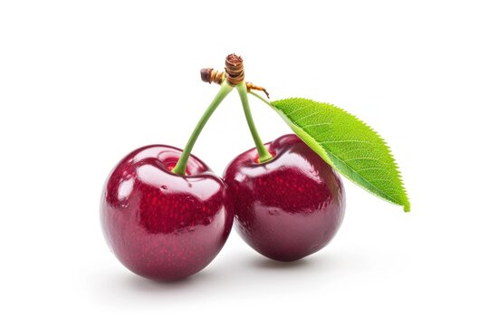 Two Cherries With a Green Leaf on a White Background