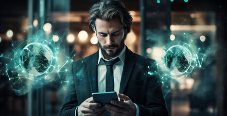 Businessman using mobile smartphone on global network connection, worldwide digital marketing data analytics. Globalization strategy and smart city technology virtual AI, Blockchain and Networking.