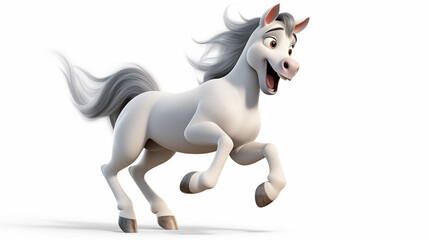 Prancing white horse on white background 3D cartoon
