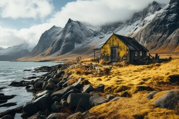 Traditional norwegian wooden cabin to stand on the shore of the fjord and mountains in the distance. Lofoten Islands, Norway, world travel
