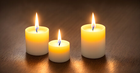 Obraz na płótnie Canvas Three candles illuminating a wooden table. a candle lights up an empty space. Generative Ai 