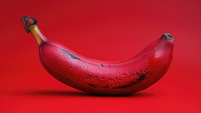 a banana painted red lies on a red background
