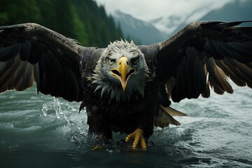 Closeup shot of the bald eagle while flying in the sky
