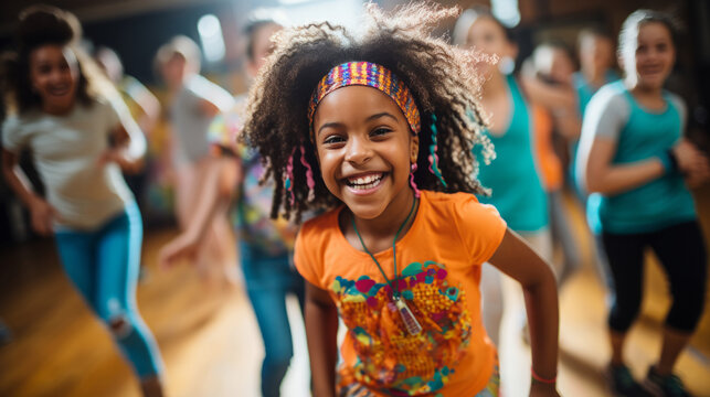 African American girl dancing with her firends in dance class