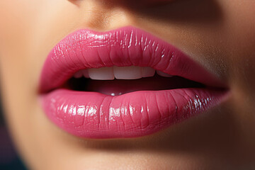 Plump female lips with pink lipstick, lip gloss, close-up.