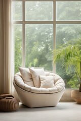 Comfortable white sofa with cushions in a modern living room interior by the window

