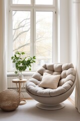 Comfortable beige armchair with cushions in a modern living room interior
