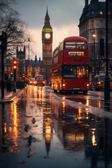 Fotobehang A bustling scene in the heart of London with iconic double decker red bus and big ben clock tower in the background © Hitesh
