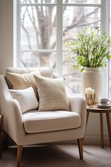 Beautiful and modern plants deco with a sofa in the corner by the window in a cozy room
