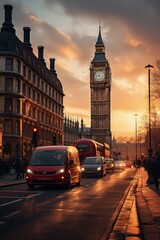 View of Big Ben clock tower and street of London at sunset