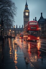 A red double decker bus is on a street with big ben clock tower in the background
