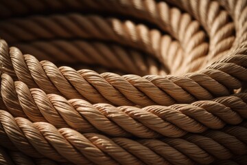 Bundle of brown twisted rope, close up shot of rope bundle