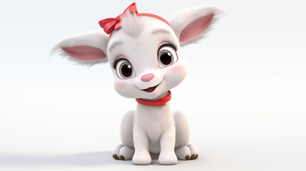 3d cartoon female white goat with red ribbon isolate on white background