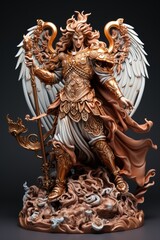 Classic white and golden sculpture of Archangel Michael isolated on black background