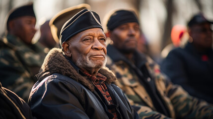 Black war veterans at an outdoor remembrance event - obrazy, fototapety, plakaty