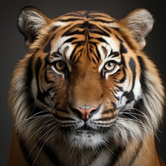 Closeup of the face of a male tiger on dark background
