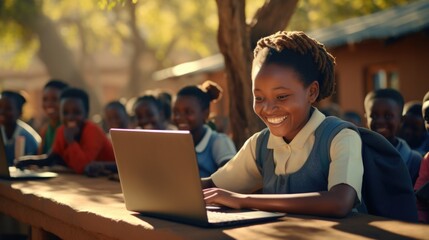  image of a happy Kenyan school children learning coding, summer time - obrazy, fototapety, plakaty