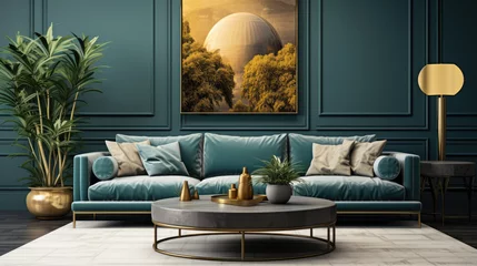 Poster Luxury living room with modern interior design green colors, velvet sofa, coffee table, gold decoration, plants and elegant accessories.  © Katerina Bond
