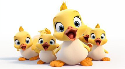 3d cartoon group of duckling in white background