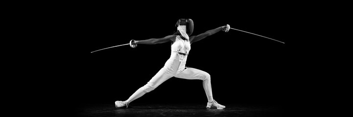 Banner. Striking profile of two-sword-wielding sportswoman, radiating power and grace against black...