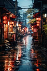Narrow japan street with lanterns at night
